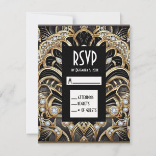 Tarjetas de respuesta RSVP de diamante negro y dor
