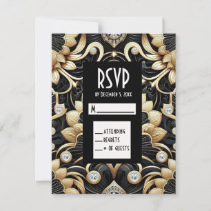Tarjetas de respuesta RSVP de diamante negro y dor