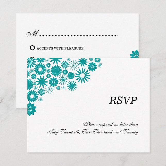 Tarjetas de respuesta / RSVP de flores azul teñido (Anverso / Reverso)