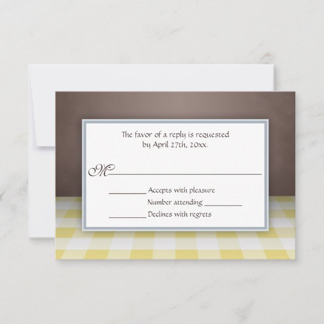 Tarjetas de respuesta RSVP de Gingham Brown amaril (Anverso)