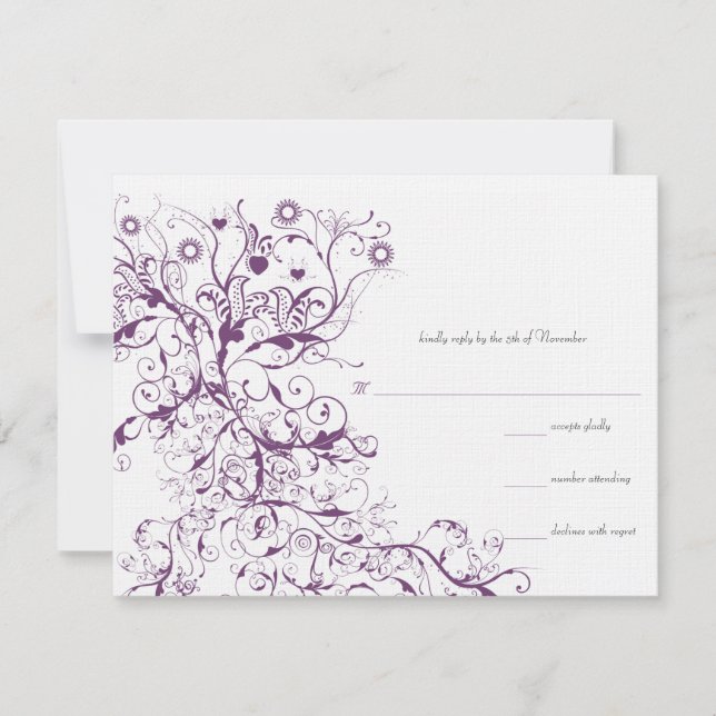 Tarjetas de respuesta RSVP de Plum Birds & Swirls  (Anverso)