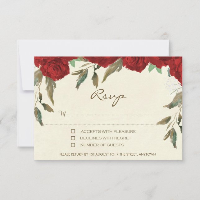 Tarjetas de respuesta RSVP de rosas rojas florales (Anverso)