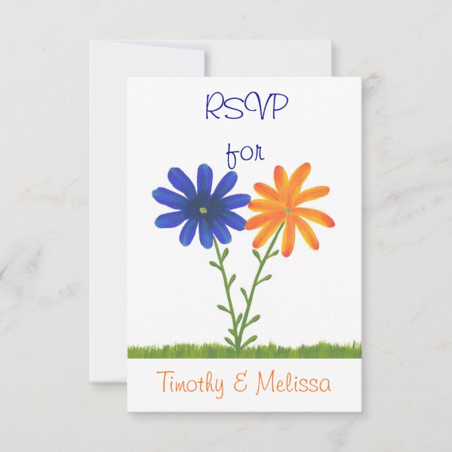 Tarjetas de respuesta RSVP, flores azules y Naranj (Anverso)