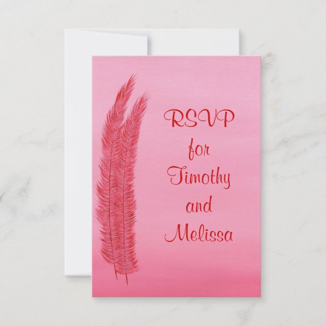 Tarjetas de respuesta RSVP, plumas rosadas rojas (Anverso)