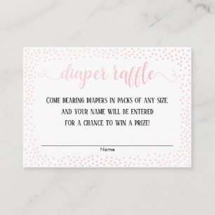 Tarjetas de rifa de pañales con confeti rosa y tex