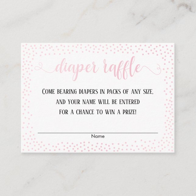 Tarjetas de rifa de pañales con confeti rosa y tex (Anverso)