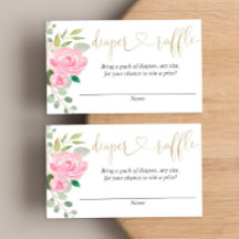 Tarjetas de rifa de pañales florales rosadas y dor