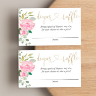 Tarjetas de rifa de pañales florales rosadas y dor