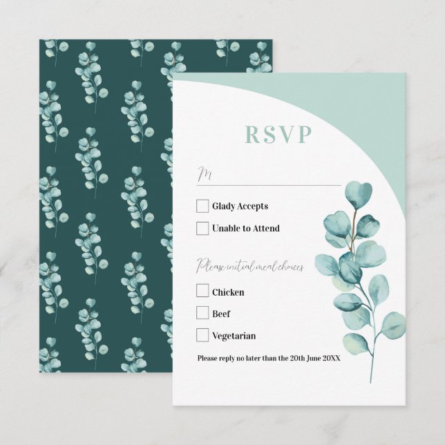 Tarjetas de RSVP Boda Hojas de Eucalipto Verde (Anverso / Reverso)