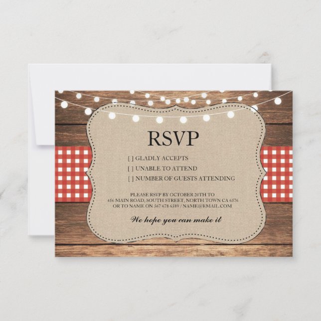 Tarjetas de RSVP Burlap Boda Madera Rústico Cuadro (Anverso)