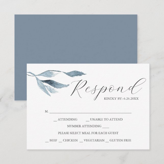 Tarjetas de RSVP de Acuarela Azul Polvoriento con  (Anverso / Reverso)