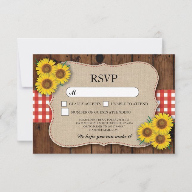 Tarjetas de RSVP de arpillera de boda de madera rú (Anverso)