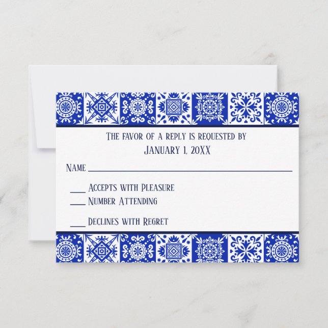 Tarjetas de RSVP de azulejos españoles con tema me (Anverso)