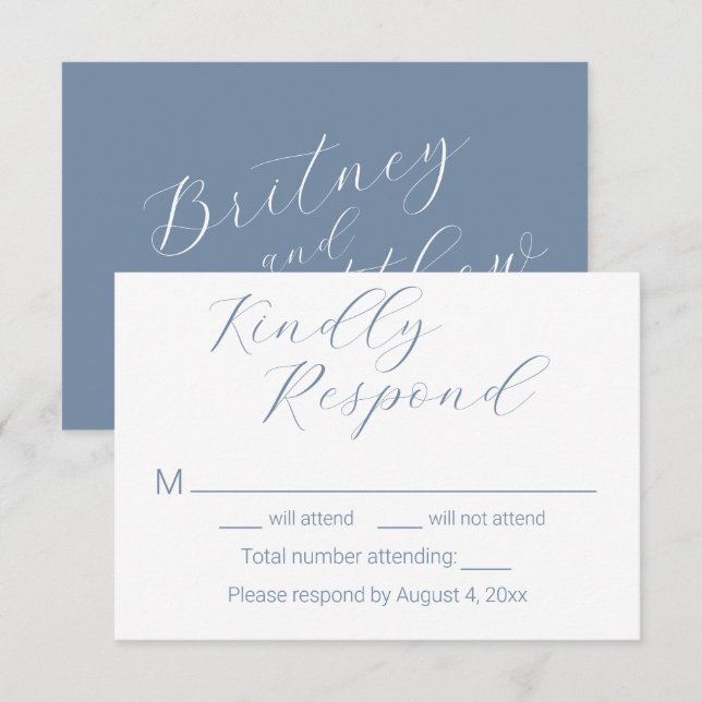 Tarjetas de RSVP de boda azules polvorientas minim (Anverso / Reverso)