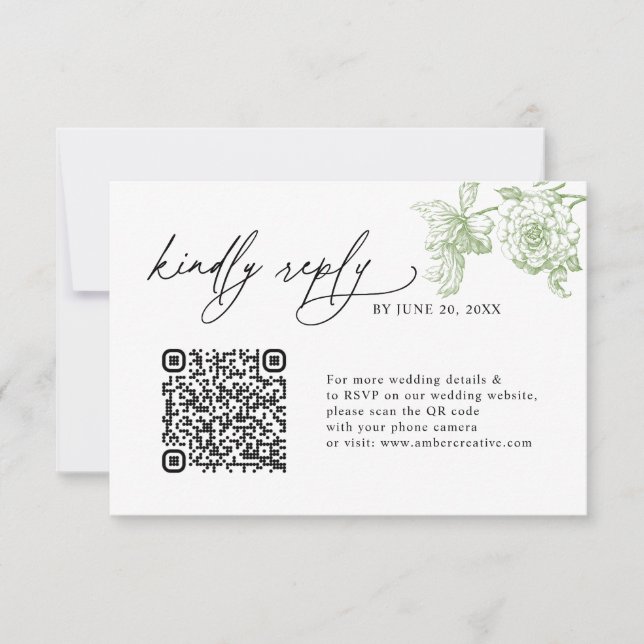 Tarjetas de RSVP de boda con código QR verde salvi (Anverso)