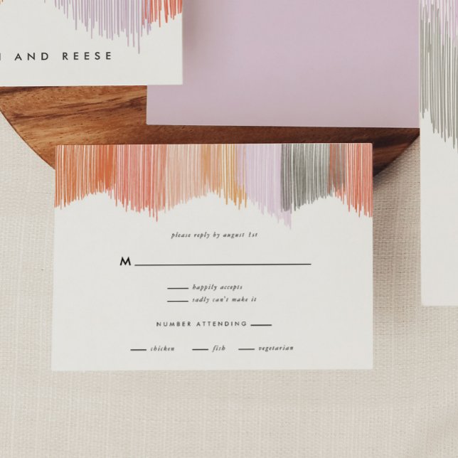 Tarjetas de RSVP de boda con flecos modernos (Pink Modern Fringe RSVP correspondence card.)