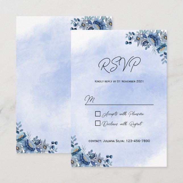 Tarjetas de RSVP de boda con flores azules (Anverso / Reverso)