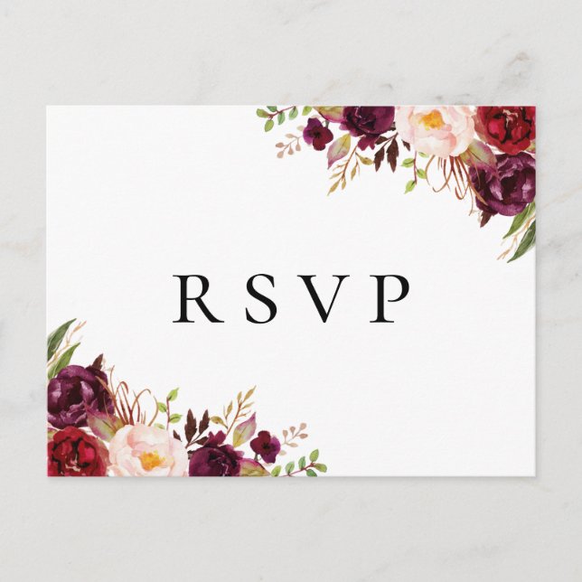 Tarjetas de RSVP de boda con flores rosadas y mars (Anverso)