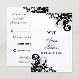 Tarjetas de RSVP de boda con florituras negras y p