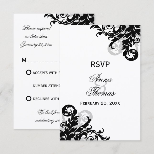 Tarjetas de RSVP de boda con florituras negras y p (Anverso / Reverso)