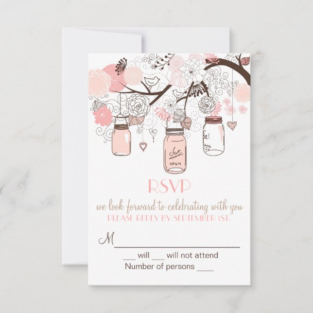 Tarjetas de RSVP de boda con frascos mason rosados (Anverso)