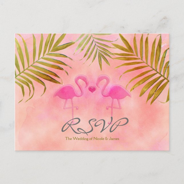 Tarjetas de RSVP de boda de acuarela de dos flamen (Anverso)