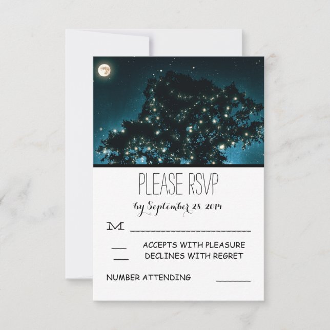 Tarjetas de RSVP de boda de árbol con luces noctur (Anverso)
