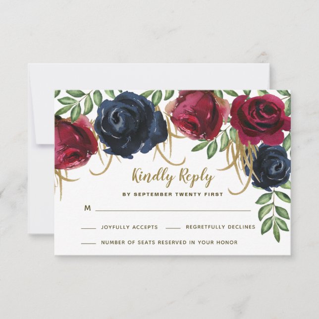 Tarjetas de RSVP de boda de Burgundy rústico y azu (Anverso)