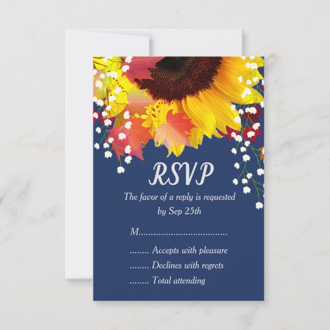 Tarjetas de RSVP de boda de girasoles rústicos azu (Anverso)