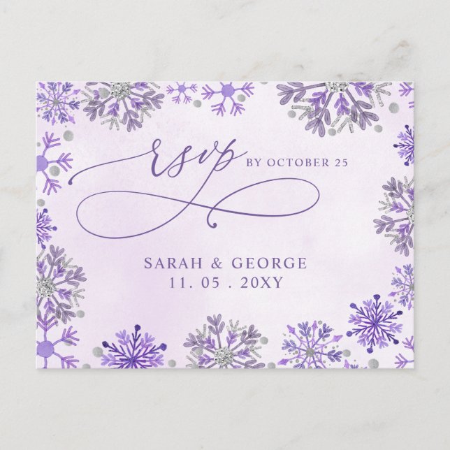 Tarjetas de RSVP de boda de invierno de copos de n (Anverso)