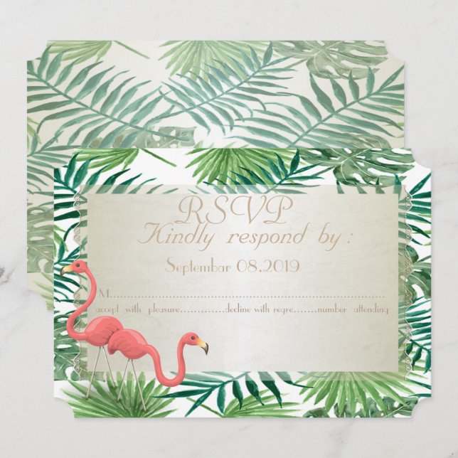 Tarjetas de RSVP de boda de Palmas Tropicales,Flam (Anverso / Reverso)