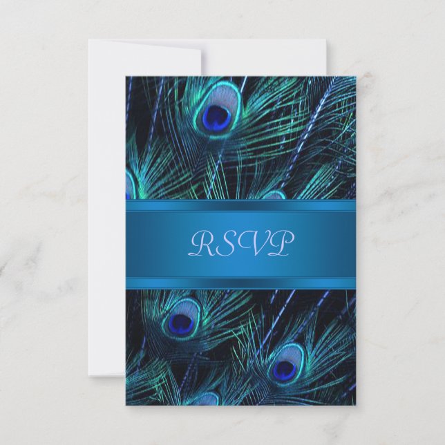 Tarjetas de RSVP de boda de pavo real azul real mo (Anverso)