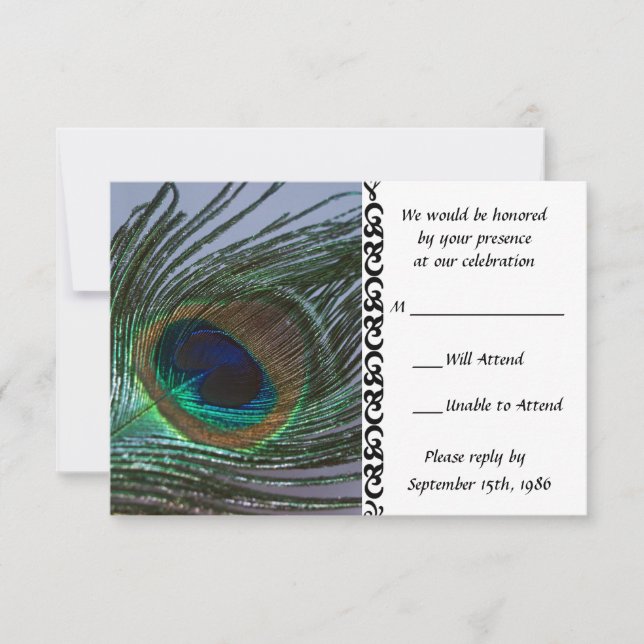 Tarjetas de RSVP de boda de pavo real impresionant (Anverso)