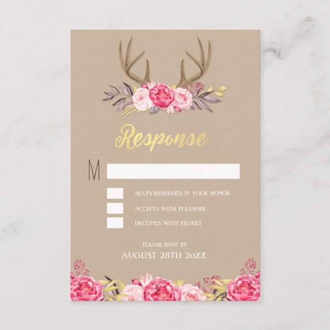 Tarjetas de RSVP de Boda de Peonía Rústica y Cuern (Anverso)