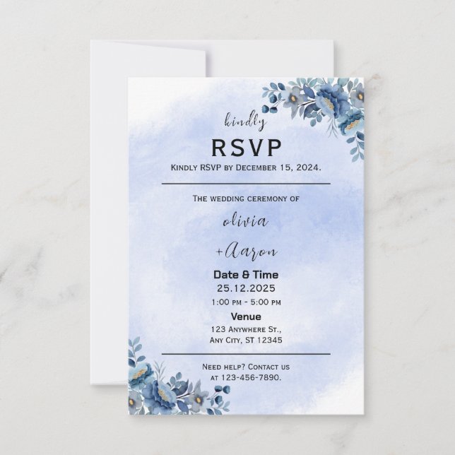 Tarjetas de RSVP de boda florales azules (Anverso)