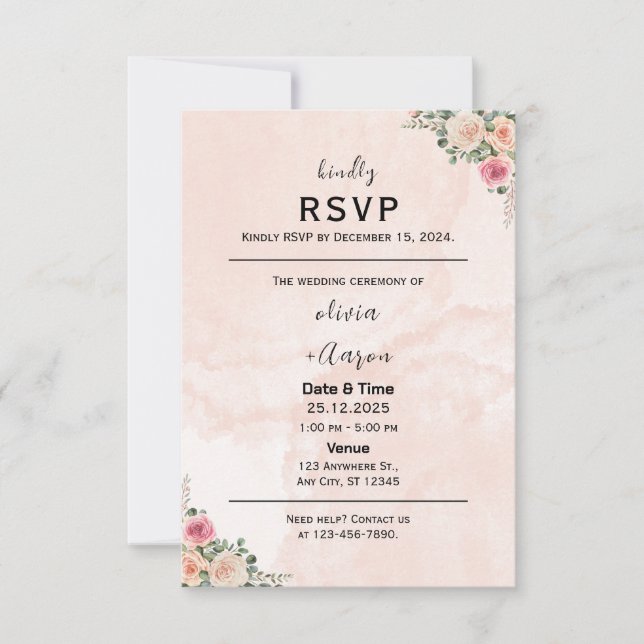 Tarjetas de RSVP de boda florales de crema rosa de (Anverso)