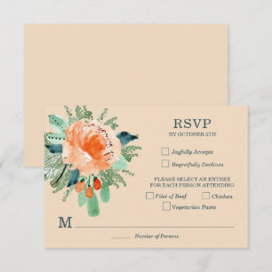 Tarjetas de RSVP de boda florales de jade melocotó