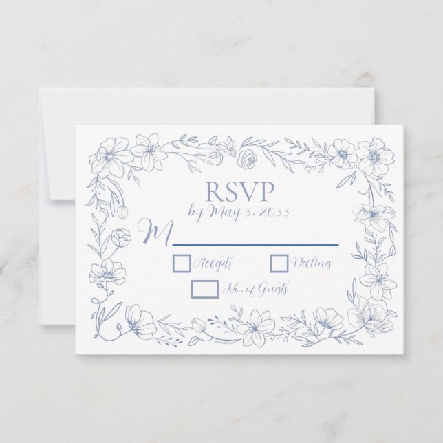 Tarjetas de RSVP de Boda Flores Azules Felices (Anverso)