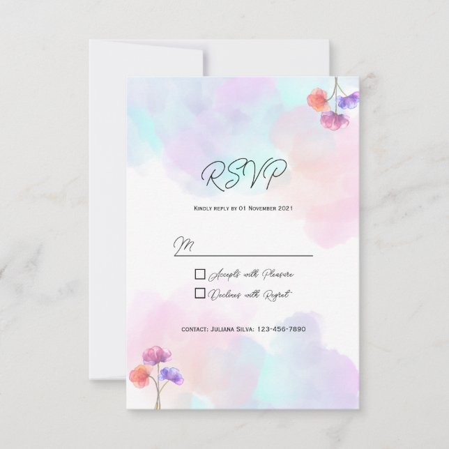 Tarjetas de RSVP de boda rosa y azul pastel (Anverso)