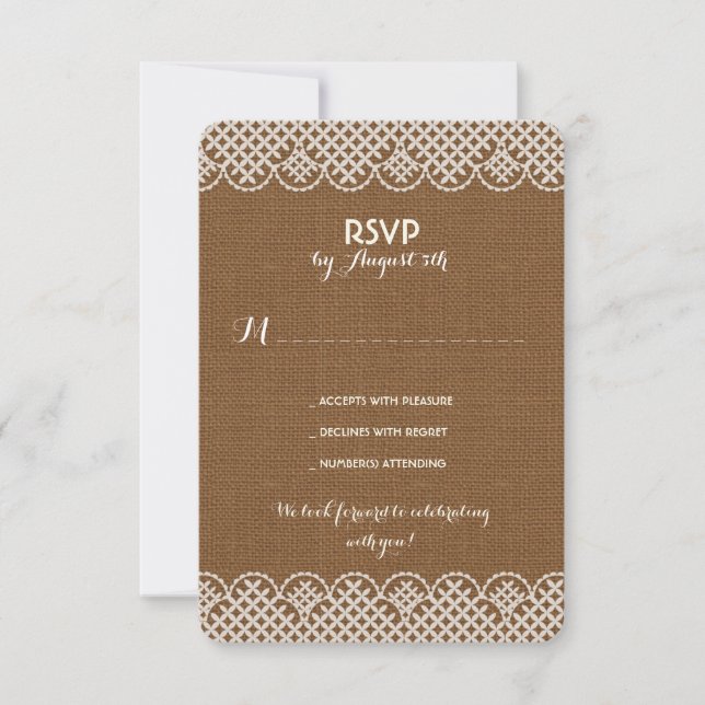 Tarjetas de RSVP de boda rústica con encaje de arp (Anverso)