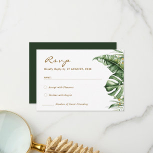 Tarjetas de RSVP de boda verde hoja boho con presu