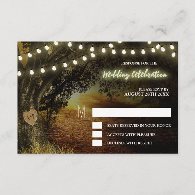 Tarjetas de RSVP de Bodas con Luces de Cuerda de O (Anverso)