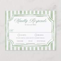 Tarjetas de RSVP de bodas con rayas verdes salvia
