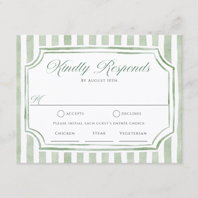 Tarjetas de RSVP de bodas con rayas verdes salvia (Anverso)