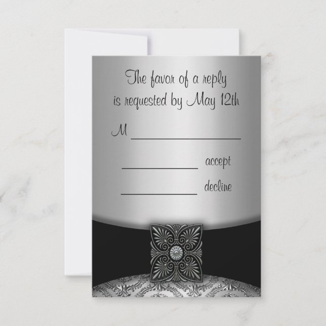 Tarjetas de RSVP de Damasco Plateado y Negro (Anverso)
