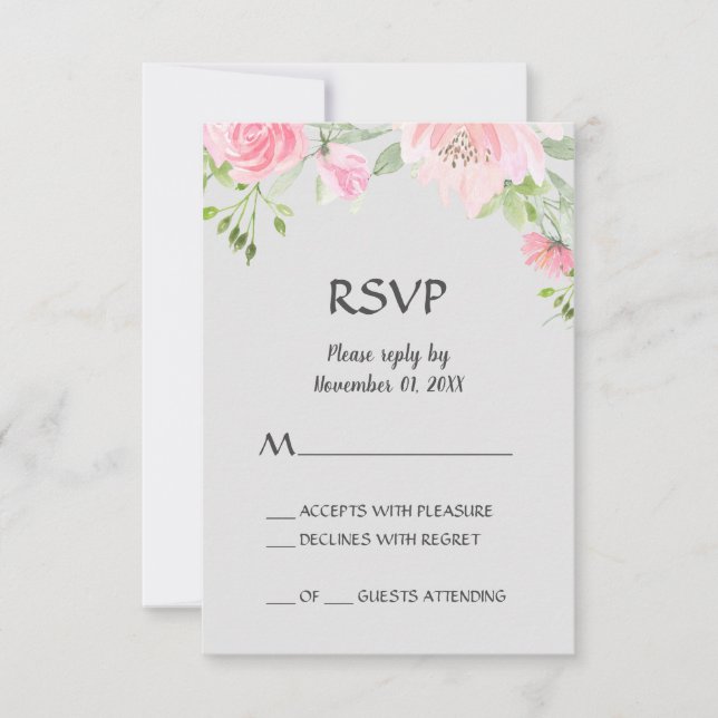 Tarjetas de RSVP de Peonías Rosadas sobre Gris (Anverso)