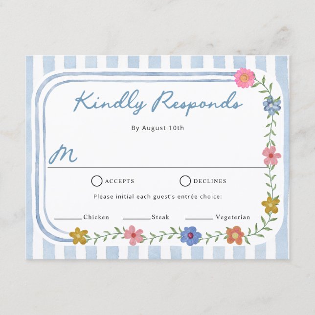 Tarjetas de RSVP de Rayas Azules Florales (Anverso)