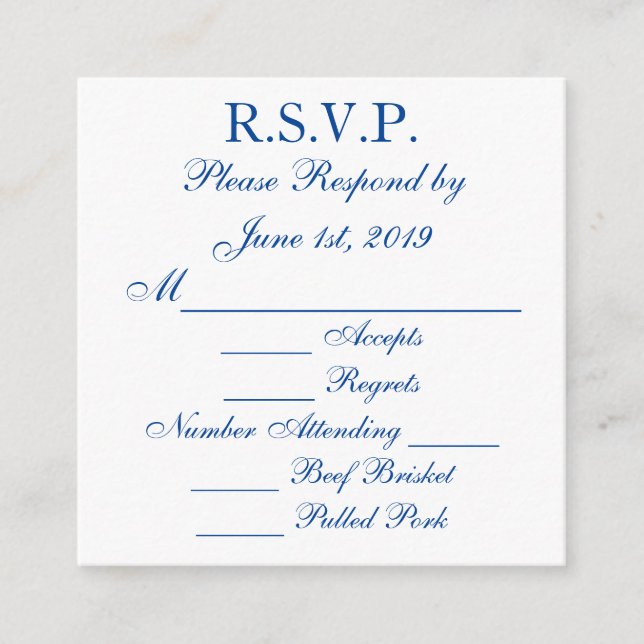 Tarjetas de RSVP de respuesta azul y blanco (Anverso)