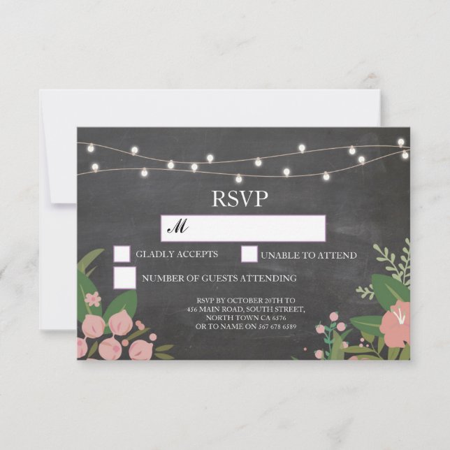 Tarjetas de RSVP de tiza de boda rústica con luces (Anverso)