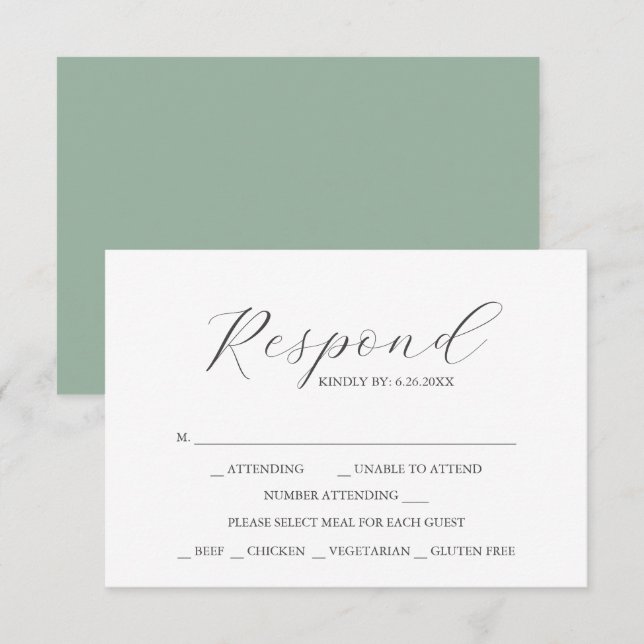 Tarjetas de RSVP de Verde Salvia con Opción de Com (Anverso / Reverso)